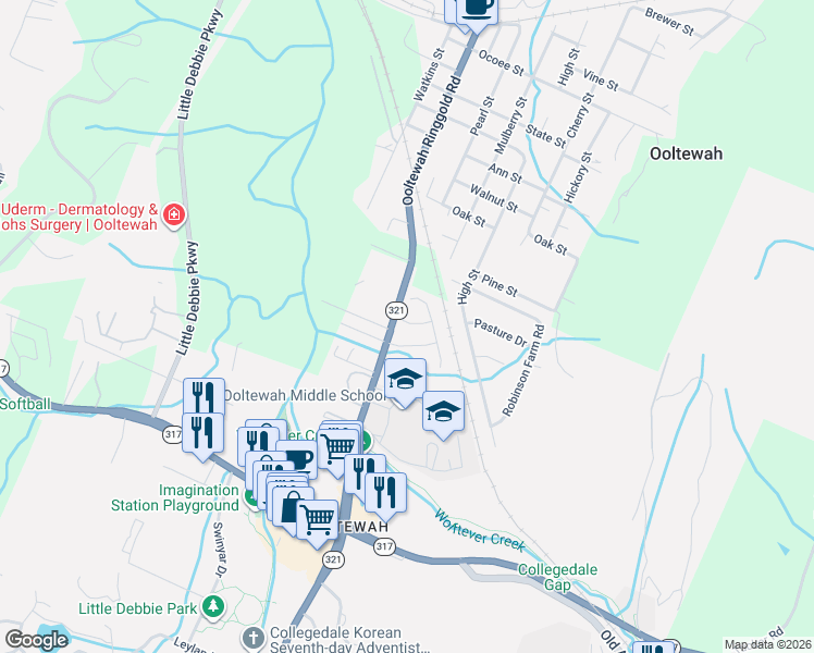 map of restaurants, bars, coffee shops, grocery stores, and more near 9430 Sapling Lane in Collegedale