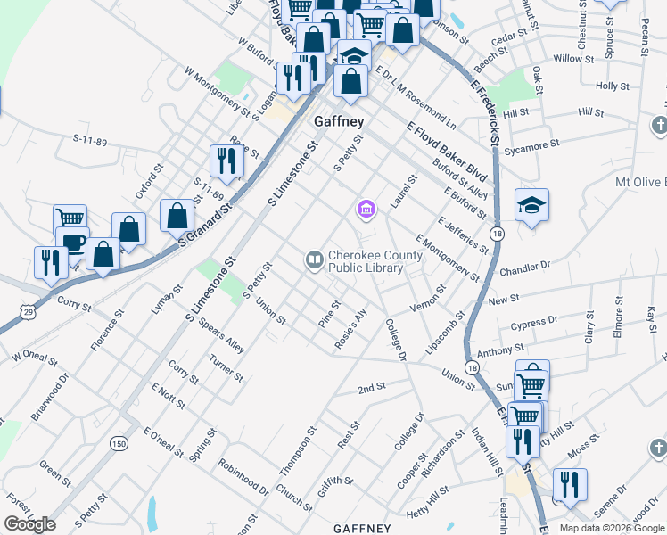 map of restaurants, bars, coffee shops, grocery stores, and more near 419 East Rutledge Avenue in Gaffney