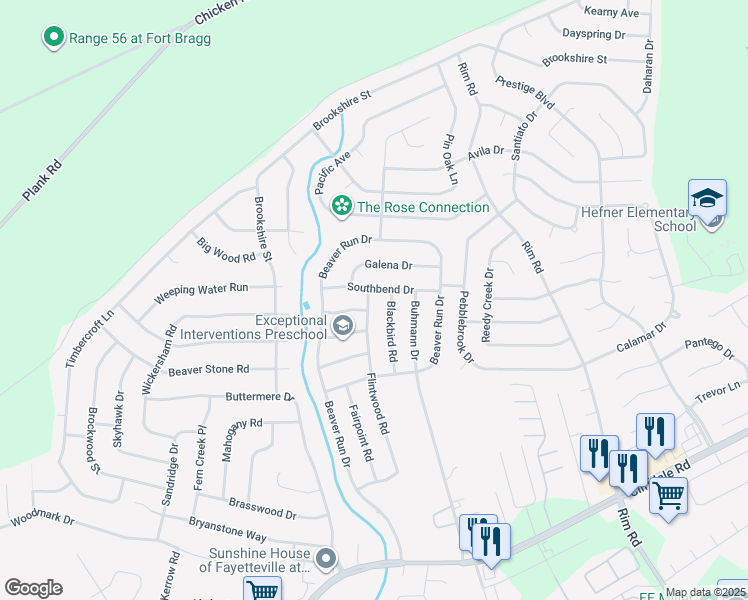 map of restaurants, bars, coffee shops, grocery stores, and more near 516 Blackbird Road in Fayetteville