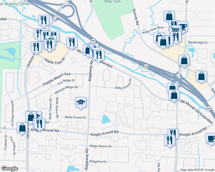 map of restaurants, bars, coffee shops, grocery stores, and more near 6263 Kirby Downs Drive in Memphis