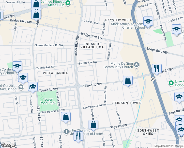 map of restaurants, bars, coffee shops, grocery stores, and more near 7615 Pronghorn Road Southwest in Albuquerque