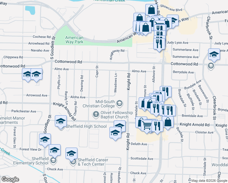 map of restaurants, bars, coffee shops, grocery stores, and more near 3060 Knightway Road in Memphis