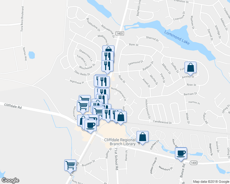 map of restaurants, bars, coffee shops, grocery stores, and more near 408 Cumbrian Court in Fayetteville