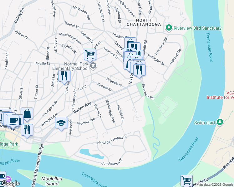 map of restaurants, bars, coffee shops, grocery stores, and more near 715 Young Avenue in Chattanooga