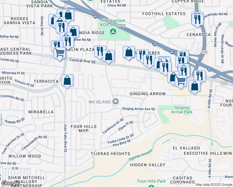 map of restaurants, bars, coffee shops, grocery stores, and more near 404 Dunes Court Southeast in Albuquerque