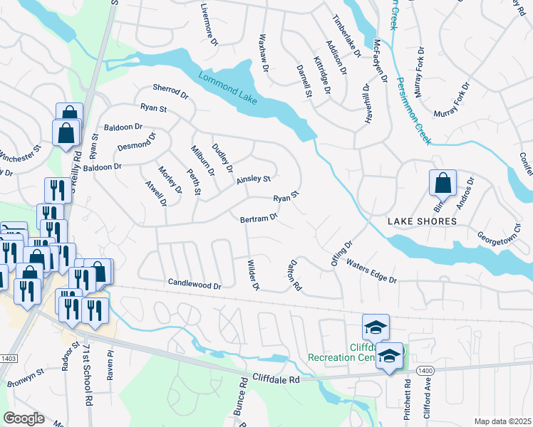 map of restaurants, bars, coffee shops, grocery stores, and more near 7308 Bertram Drive in Fayetteville