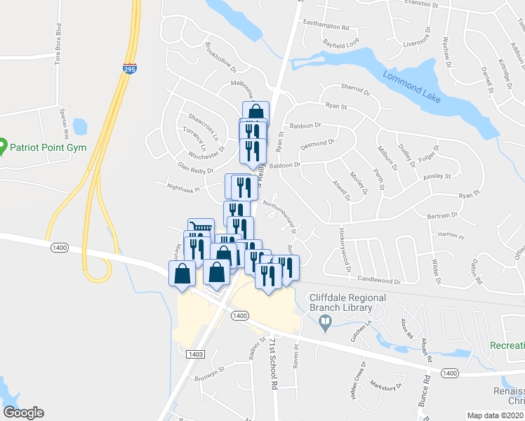 map of restaurants, bars, coffee shops, grocery stores, and more near 423 Cumbrian Court in Fayetteville
