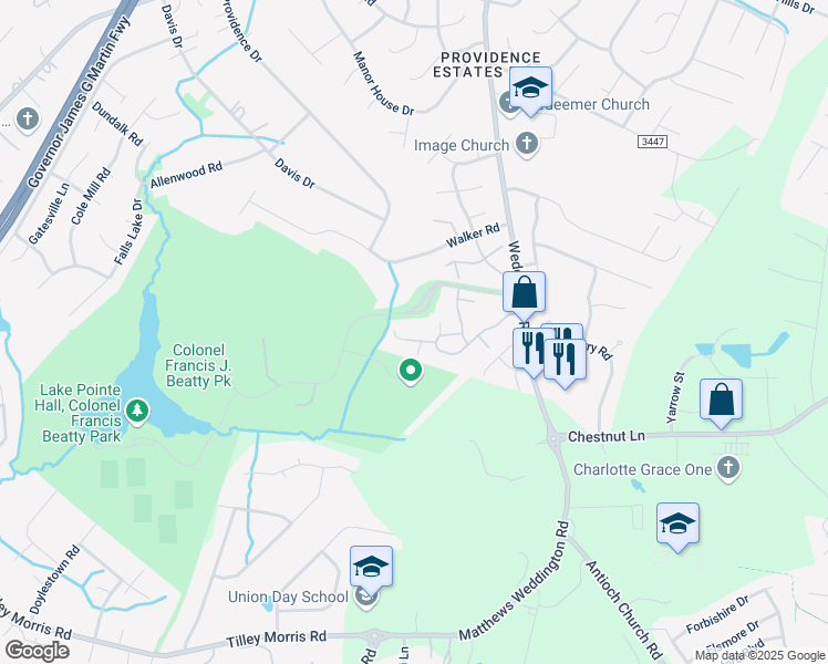 map of restaurants, bars, coffee shops, grocery stores, and more near 3520 South Bank Court in Matthews