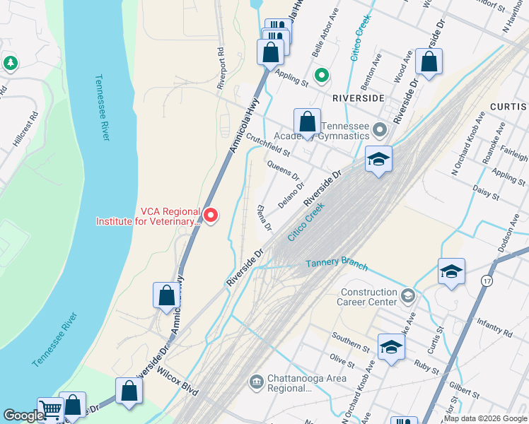 map of restaurants, bars, coffee shops, grocery stores, and more near 2104 Elena Drive in Chattanooga