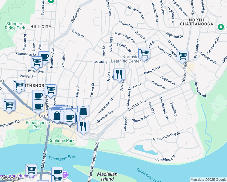 map of restaurants, bars, coffee shops, grocery stores, and more near 414 Thompson Street in Chattanooga