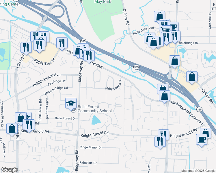 map of restaurants, bars, coffee shops, grocery stores, and more near 6309 Kirby Downs Drive in Memphis