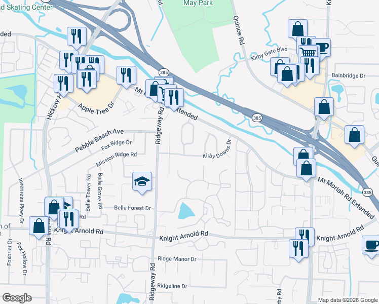 map of restaurants, bars, coffee shops, grocery stores, and more near 6263 Kirby Downs Drive in Memphis