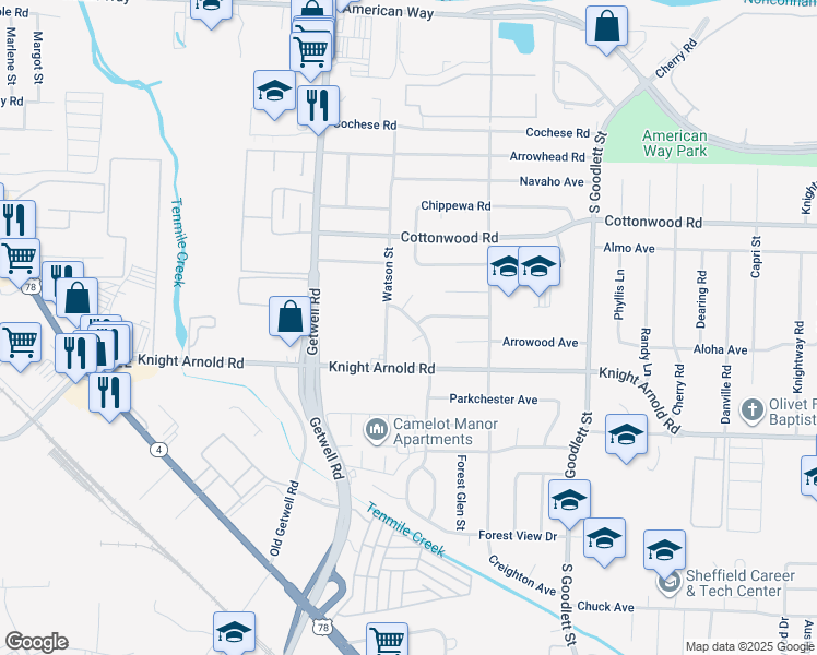 map of restaurants, bars, coffee shops, grocery stores, and more near 3049 Ashwood Street in Memphis