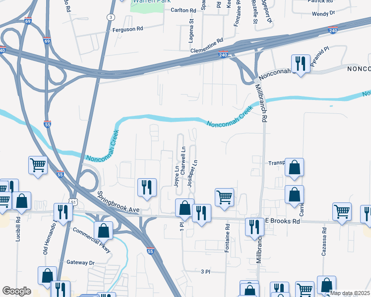 map of restaurants, bars, coffee shops, grocery stores, and more near 3046 Charwell Lane in Memphis