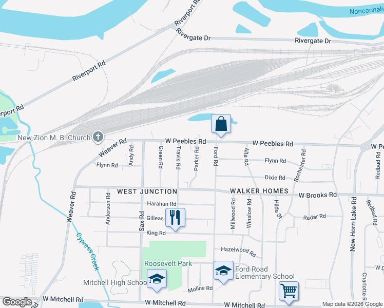 map of restaurants, bars, coffee shops, grocery stores, and more near 3055 Parker Road in Memphis