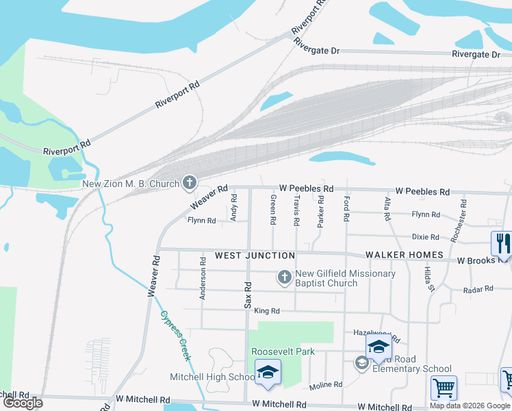 map of restaurants, bars, coffee shops, grocery stores, and more near 3047 Sax Road in Memphis