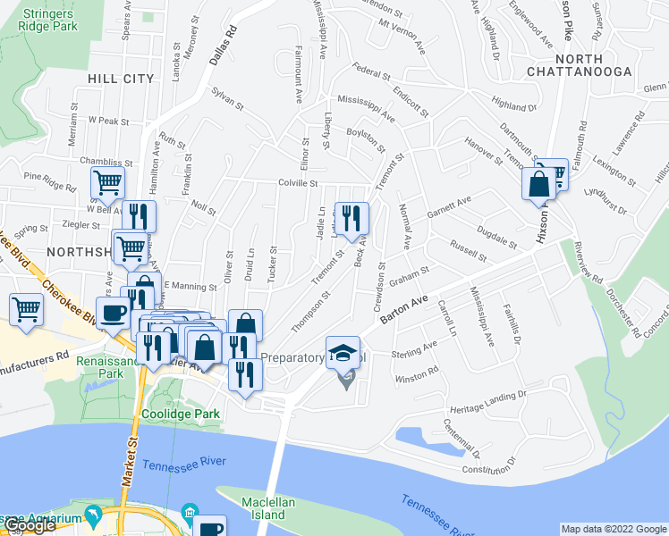 map of restaurants, bars, coffee shops, grocery stores, and more near 414 Thompson Street in Chattanooga