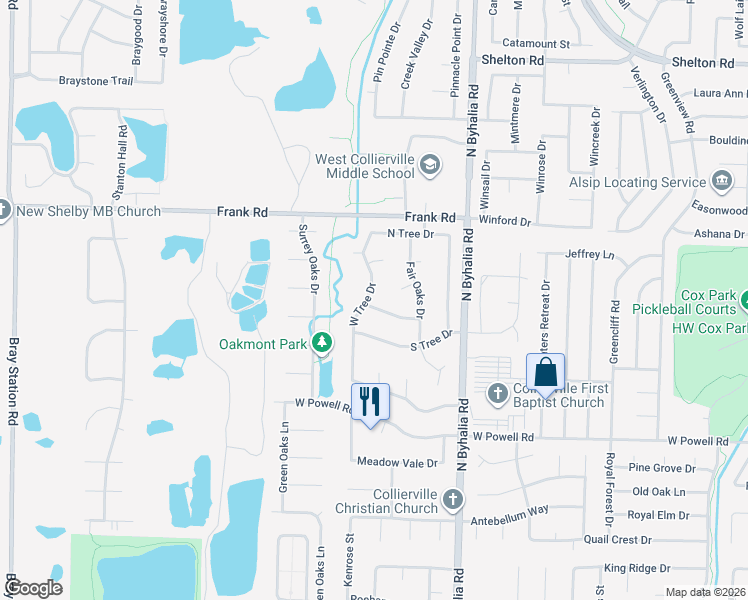 map of restaurants, bars, coffee shops, grocery stores, and more near 823 Pearson Oaks Drive in Collierville