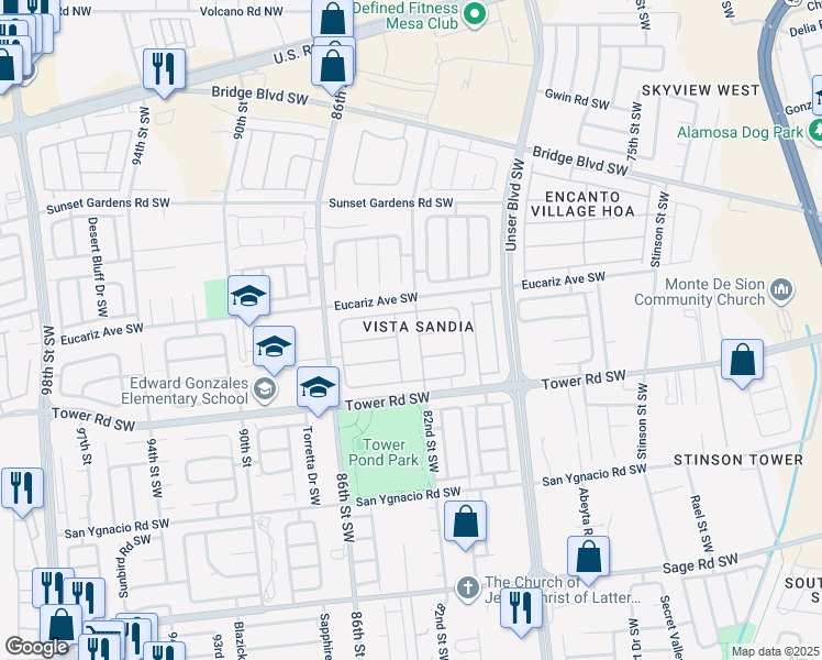 map of restaurants, bars, coffee shops, grocery stores, and more near 619 82nd Street Southwest in Albuquerque