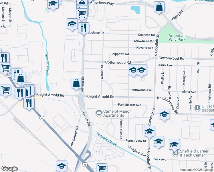 map of restaurants, bars, coffee shops, grocery stores, and more near 3049 Ashwood Street in Memphis