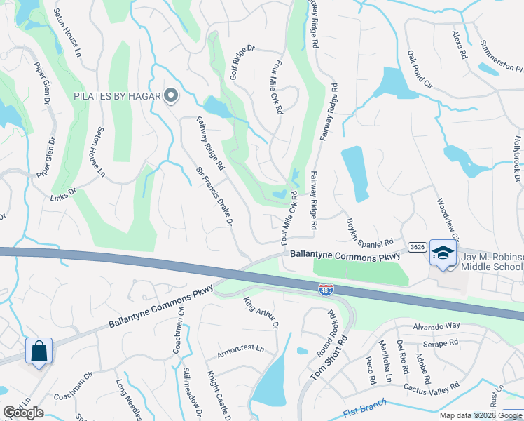 map of restaurants, bars, coffee shops, grocery stores, and more near 10240 Rose Meadow Lane in Charlotte