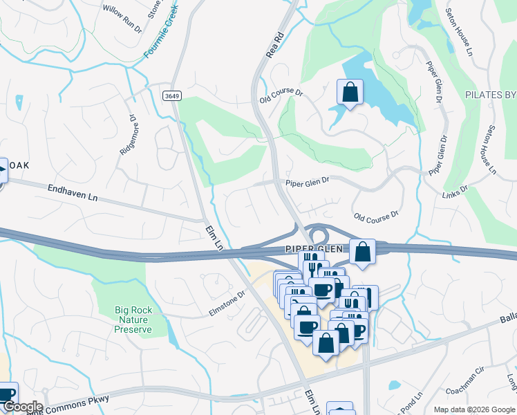 map of restaurants, bars, coffee shops, grocery stores, and more near 7321 Santorini Lane in Charlotte