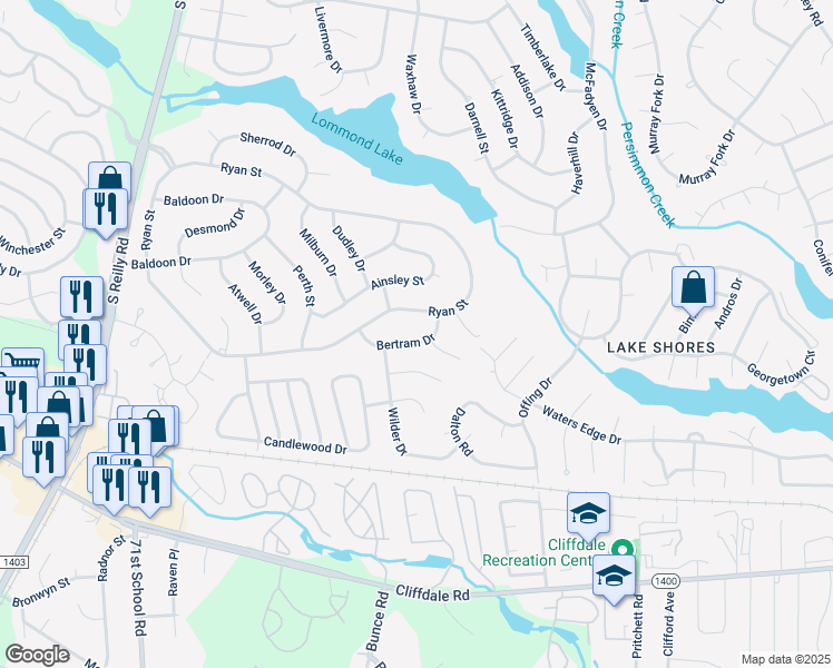 map of restaurants, bars, coffee shops, grocery stores, and more near 7308 Bertram Drive in Fayetteville