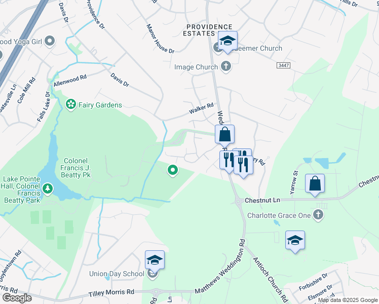 map of restaurants, bars, coffee shops, grocery stores, and more near 2255 Coltsview Lane in Matthews