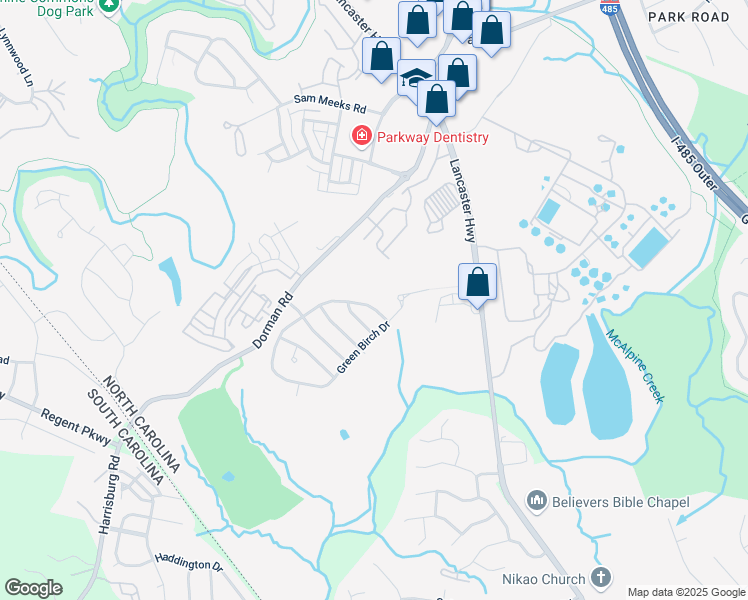 map of restaurants, bars, coffee shops, grocery stores, and more near 14003 Green Birch Drive in Pineville