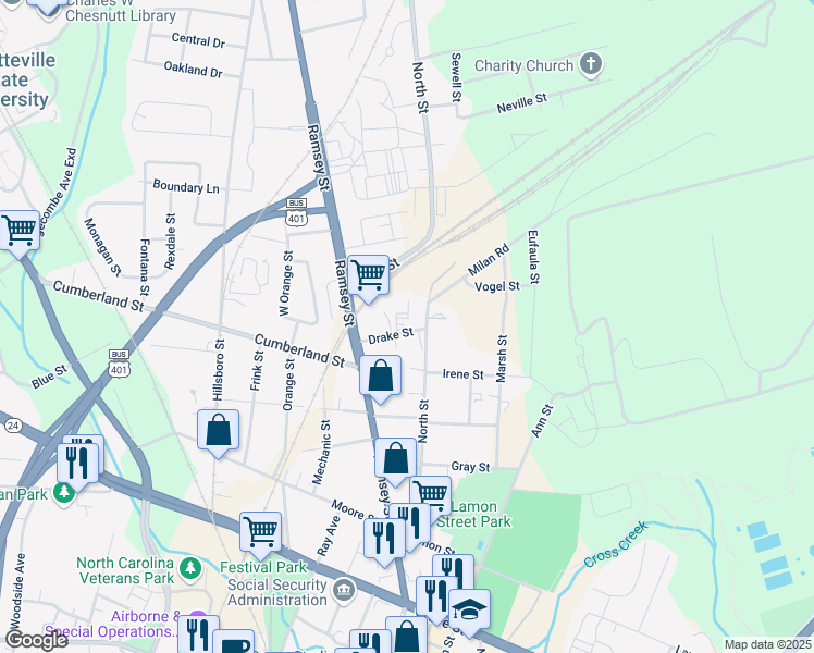 map of restaurants, bars, coffee shops, grocery stores, and more near 125 Drake Street in Fayetteville