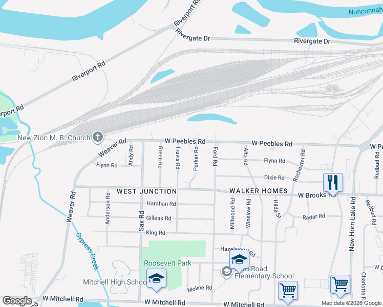 map of restaurants, bars, coffee shops, grocery stores, and more near 3055 Parker Road in Memphis