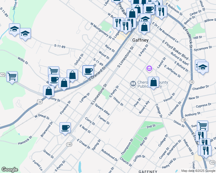 map of restaurants, bars, coffee shops, grocery stores, and more near 602 South Petty Street in Gaffney
