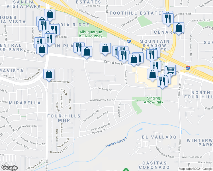 map of restaurants, bars, coffee shops, grocery stores, and more near 12724 Dunes Road Southeast in Albuquerque