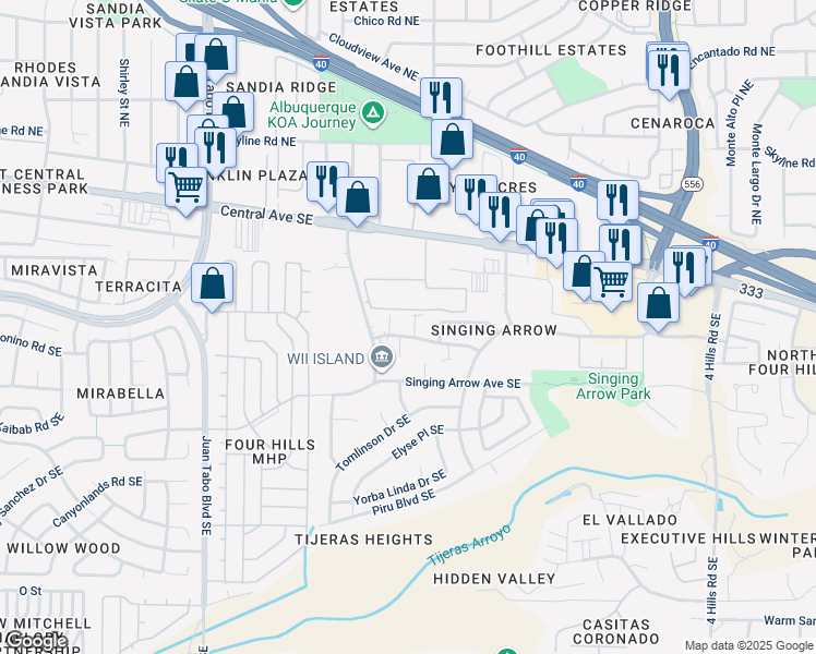 map of restaurants, bars, coffee shops, grocery stores, and more near 404 Dunes Court Southeast in Albuquerque