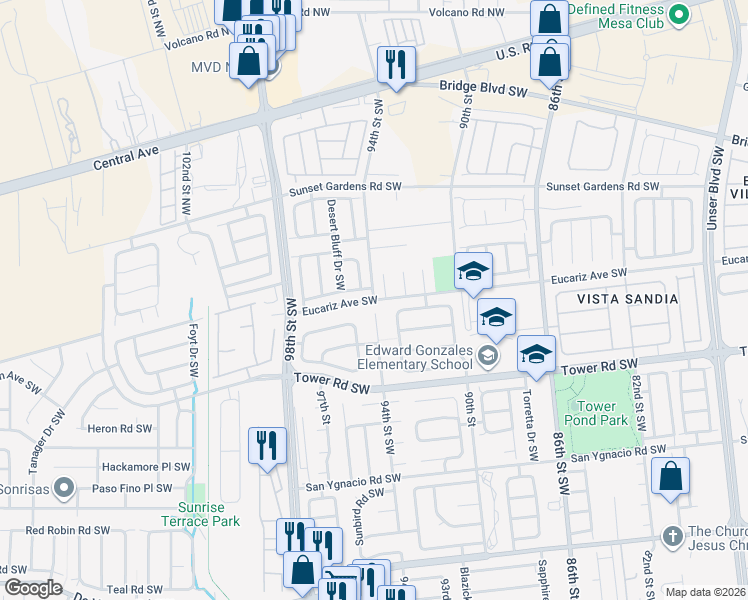 map of restaurants, bars, coffee shops, grocery stores, and more near 504 Dean Drive Southwest in Albuquerque