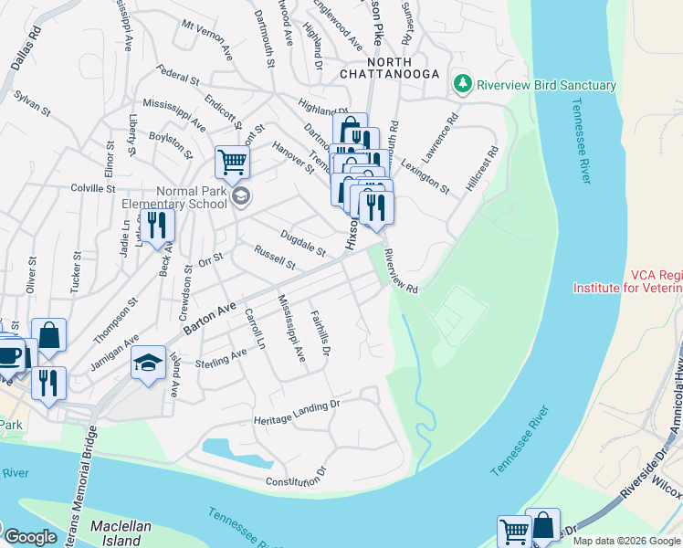 map of restaurants, bars, coffee shops, grocery stores, and more near 821 Hollyhedge Court in Chattanooga