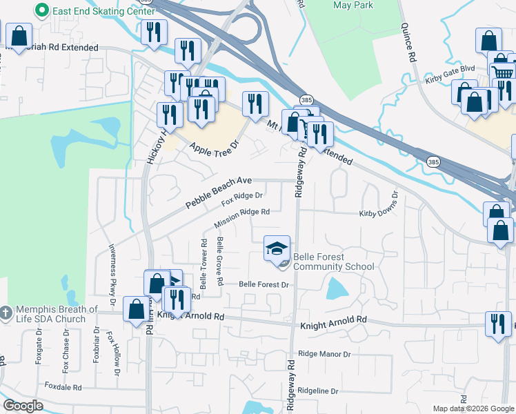 map of restaurants, bars, coffee shops, grocery stores, and more near 6124 Live Oak Cove in Memphis