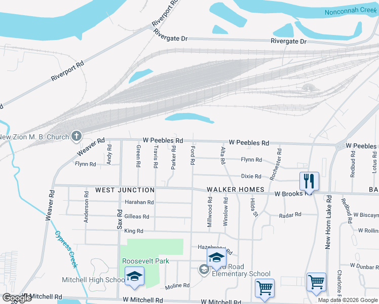 map of restaurants, bars, coffee shops, grocery stores, and more near 3055 Ford Road in Memphis