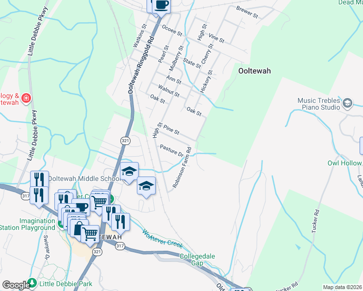map of restaurants, bars, coffee shops, grocery stores, and more near 9649 Robinson Farm Road in Ooltewah