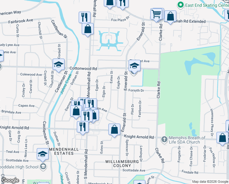 map of restaurants, bars, coffee shops, grocery stores, and more near 3046 Eagle Drive in Memphis