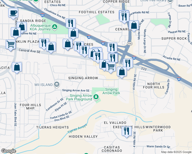 map of restaurants, bars, coffee shops, grocery stores, and more near 13101 Wenonah Avenue Southeast in Albuquerque