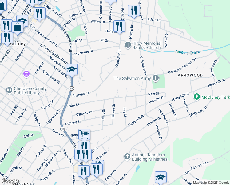 map of restaurants, bars, coffee shops, grocery stores, and more near 401 New Street in Gaffney