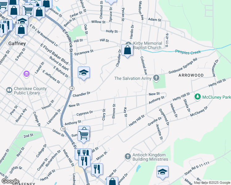map of restaurants, bars, coffee shops, grocery stores, and more near 401 New Street in Gaffney