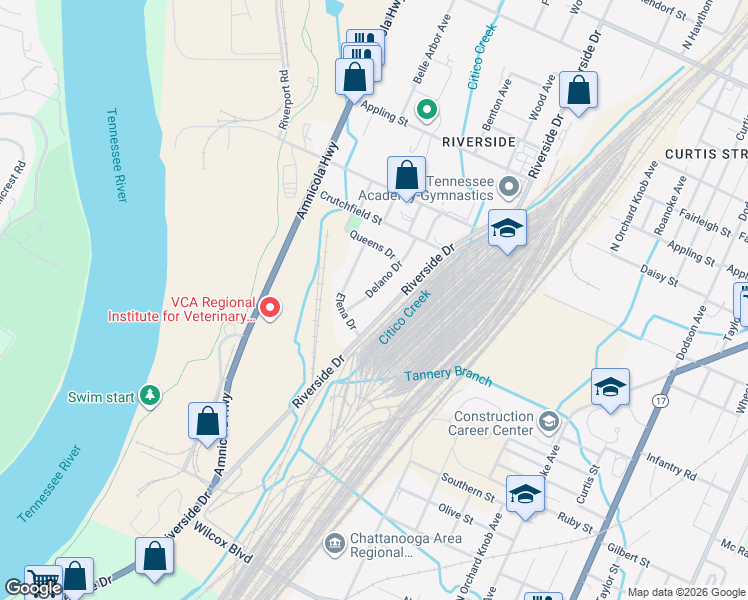 map of restaurants, bars, coffee shops, grocery stores, and more near 2105 Riverside Drive in Chattanooga