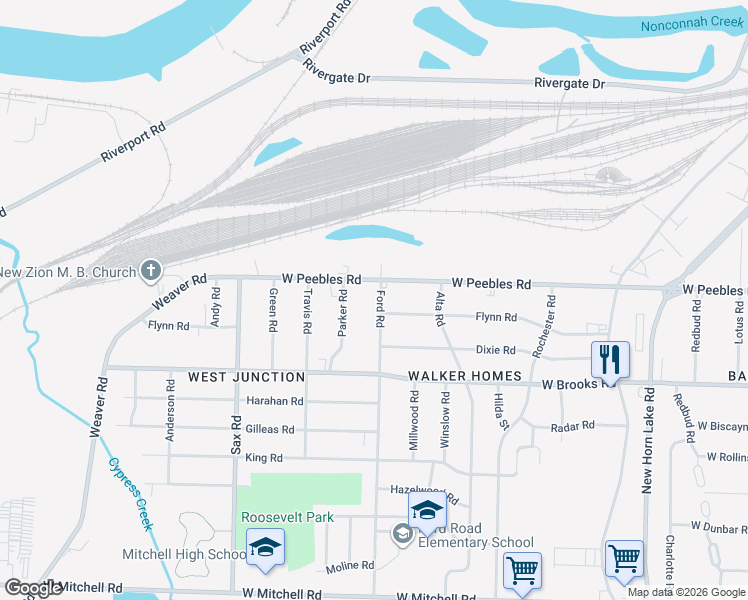 map of restaurants, bars, coffee shops, grocery stores, and more near 3055 Ford Road in Memphis