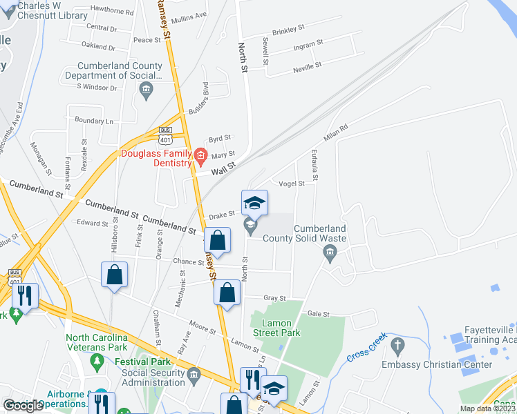 map of restaurants, bars, coffee shops, grocery stores, and more near 120 Sycamore Court in Fayetteville