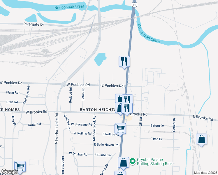 map of restaurants, bars, coffee shops, grocery stores, and more near 75 East Peebles Road in Memphis