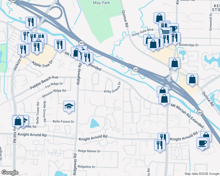 map of restaurants, bars, coffee shops, grocery stores, and more near 3000 Huntington Trail Drive in Memphis