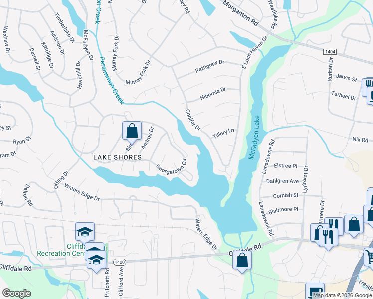 map of restaurants, bars, coffee shops, grocery stores, and more near 367 Conifer Drive in Fayetteville
