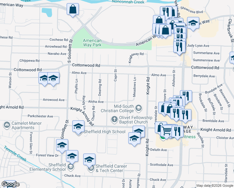 map of restaurants, bars, coffee shops, grocery stores, and more near 3000 Capri Street in Memphis